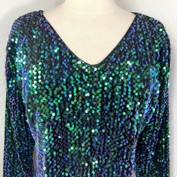 Fashion Green Blue Sequin Halter Top Long Sleeves Small Raw Hem Relaxed Party - Picture 2 of 13